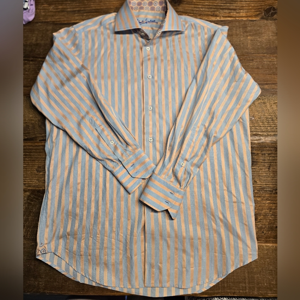 Robert Graham Blue and Metallic Beige Dress Shirt with Vertical Stripes